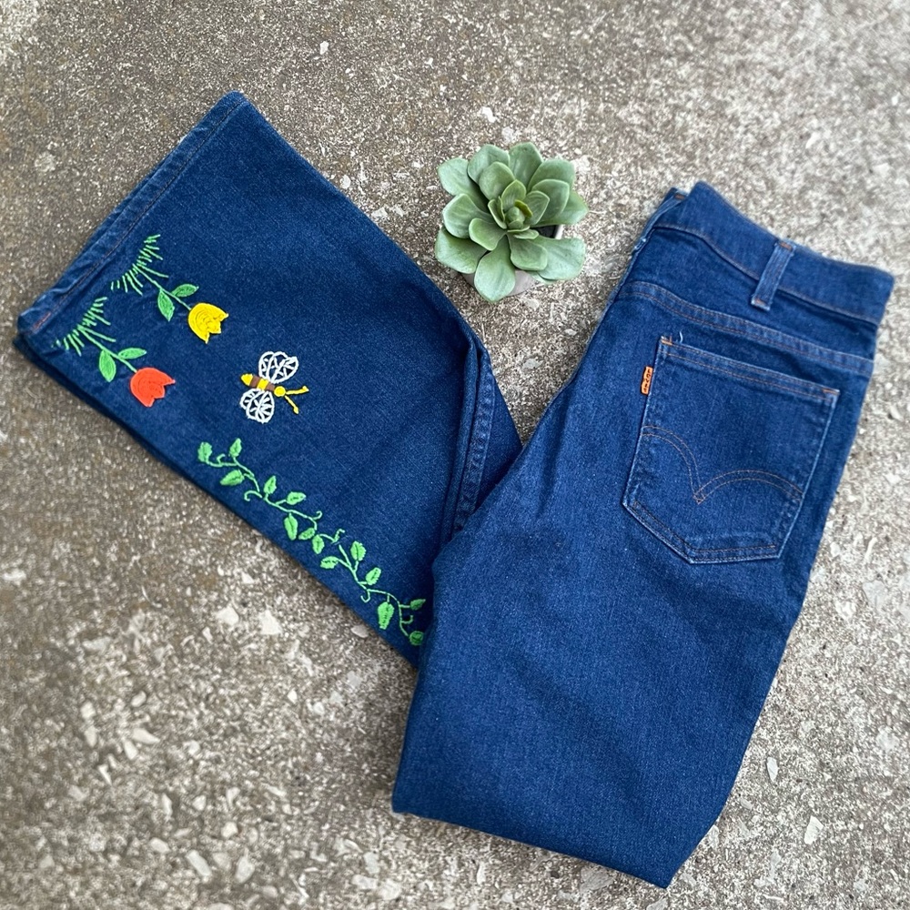 Levi’s | Vintage Dark Wash Custom Embroidered 70s Style Orange Tab Bootcut Jeans